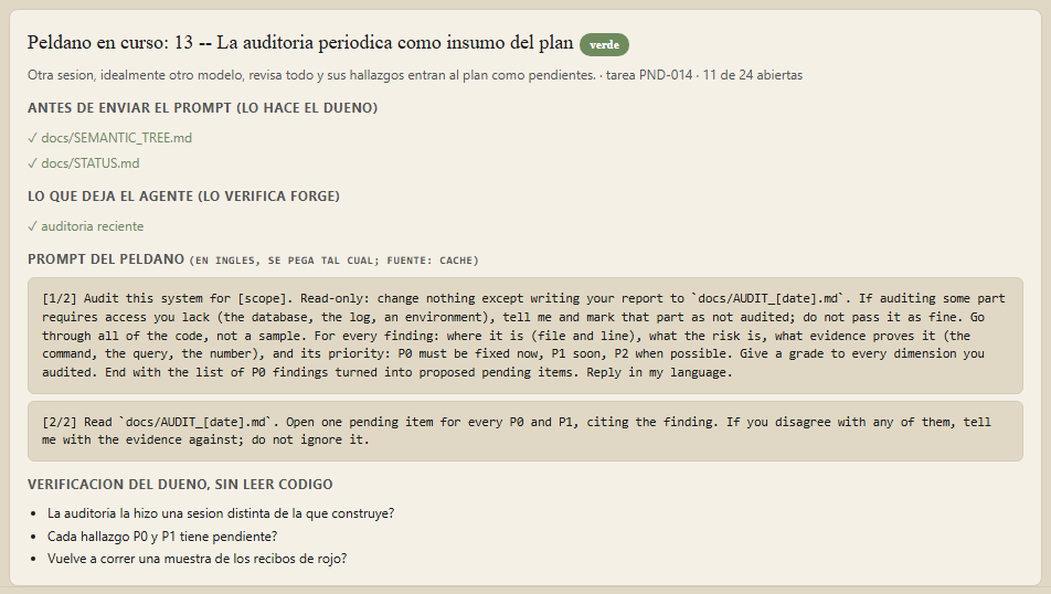 El peldaño en curso, con lo que verifica Forge y el prompt para pegar